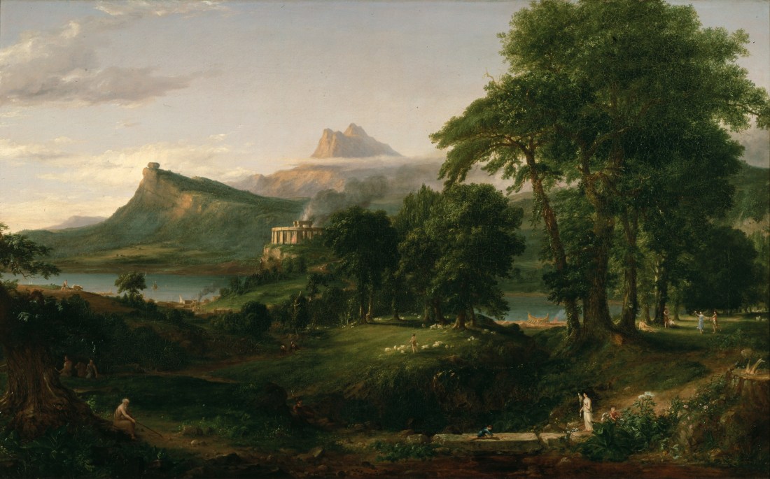 Thomas Cole, The Course of Empire:  The Arcadian or Pastoral State, oil on canvas, 39 1/2 x 63 1/2 inches, 1835